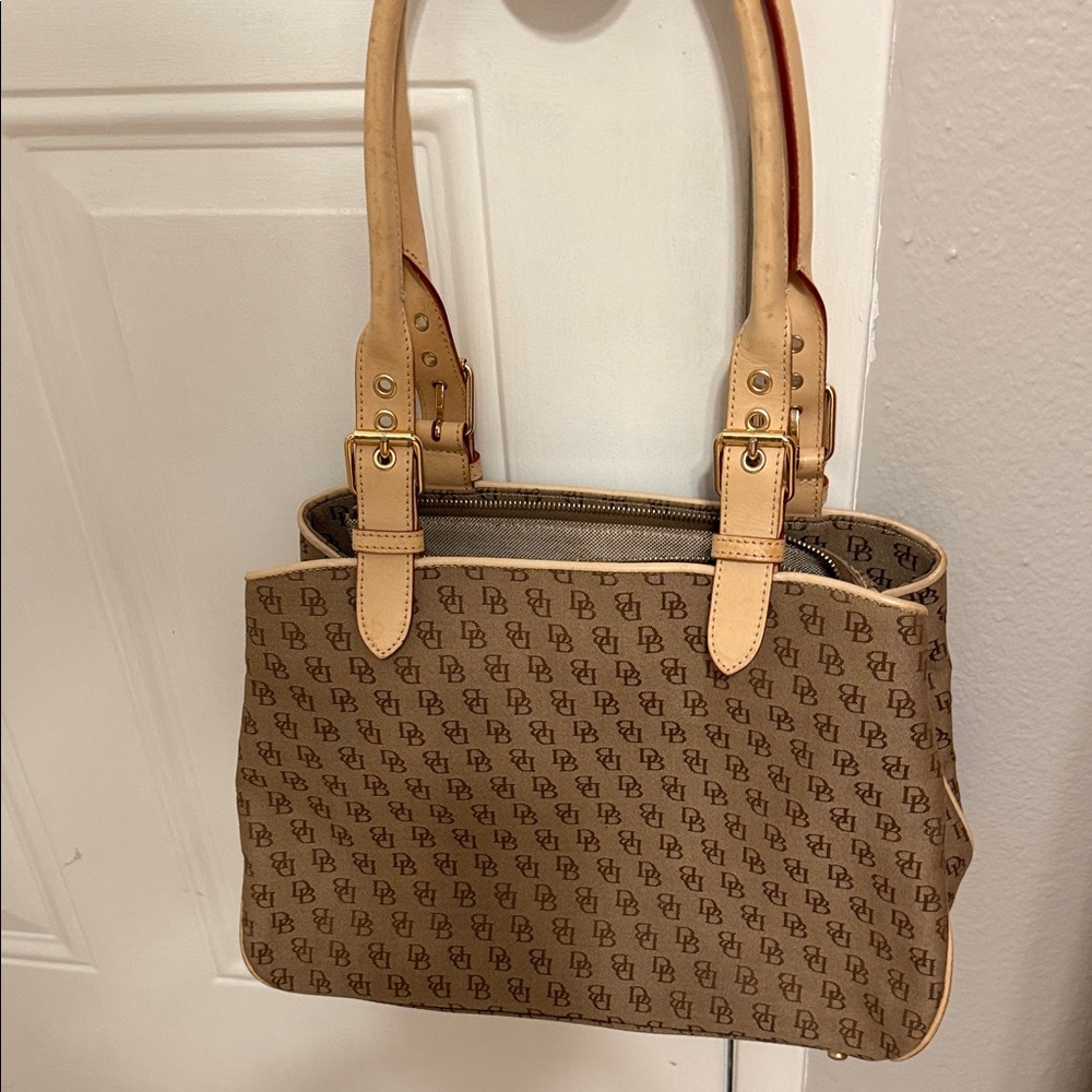 Dooney & Bourke Tan Monogram Shoulder Bag with Natural Leather Trim